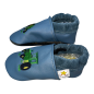 Preview: Lederpuschen Trecker auf taubenblau mit Latexsohle
