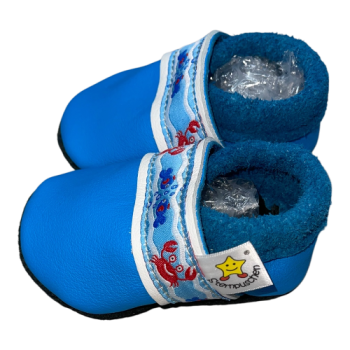 Lederschuhe blau mit Webband Fische auf weiß