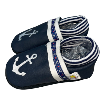 Krabbelschuhe Anker auf blau mit Webband Anker auf weiß