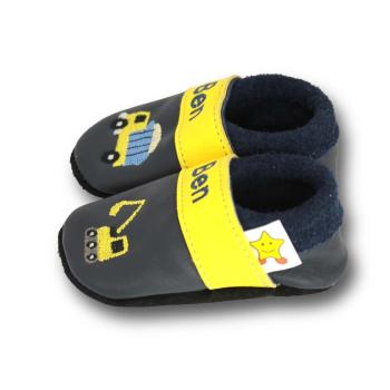 Krabbelschuhe Baustelle gelb-blau