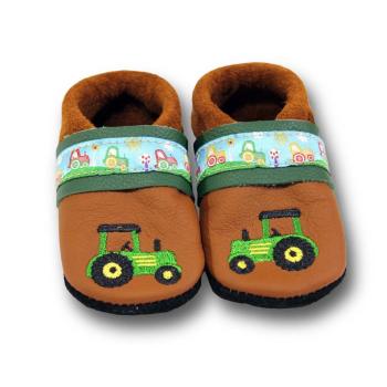 Krabbelschuhe grüne Trecker mit Webband