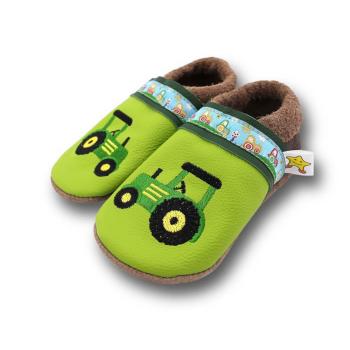 Krabbelschuhe grüne Trecker mit Webband