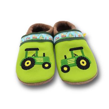 Krabbelschuhe grüne Trecker mit Webband