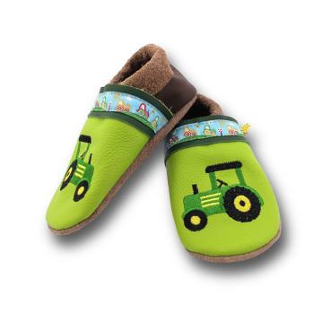 Krabbelschuhe grüne Trecker mit Webband
