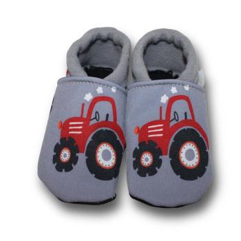 Vegane Krabbelschuhe roter Trecker auf grau