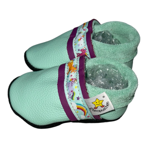 Lederschuhe mint mit Webband Pferde auf lila