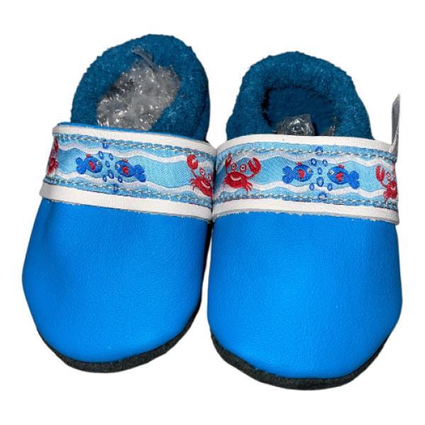 Lederschuhe blau mit Webband Fische auf weiß