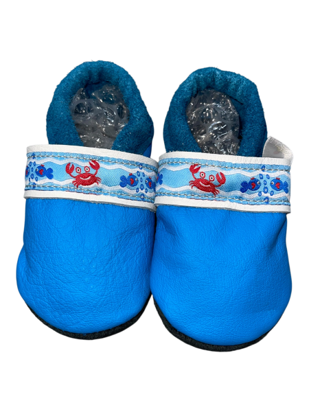 Lauflernschuhe in blau mit Webband Fische auf weiß