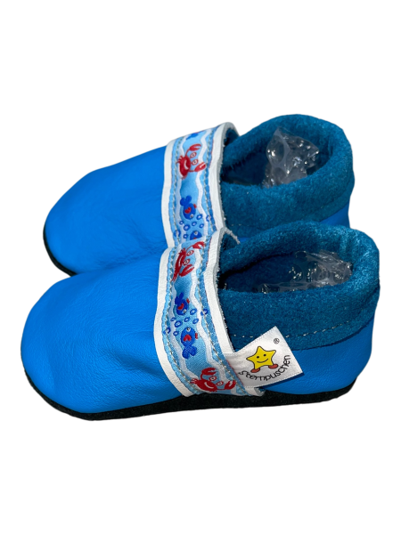 Lauflernschuhe in blau mit Webband Fische auf weiß