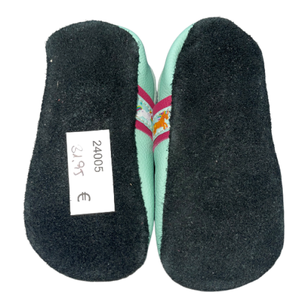 Sandale in mint mit Webband Einhorn auf bordeaux