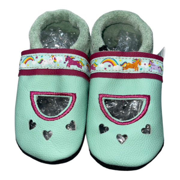 Sandale in mint mit Webband Einhorn auf bordeaux