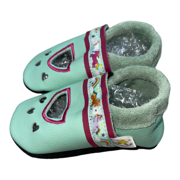 Sandale in mint mit Webband Einhorn auf bordeaux