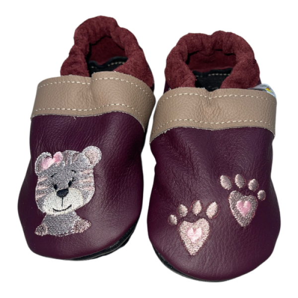 Krabbelschuhe Tiger auf bordeaux mit Latexsohle