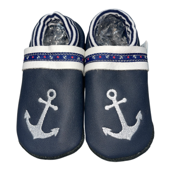 Krabbelschuhe Anker auf blau mit Webband Anker auf weiß