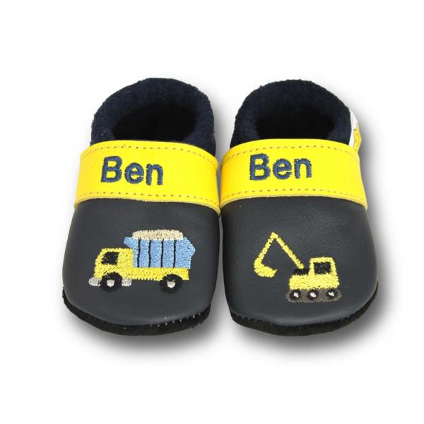 Krabbelschuhe Baustelle gelb-blau