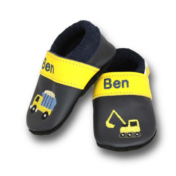 Krabbelschuhe Baustelle gelb-blau