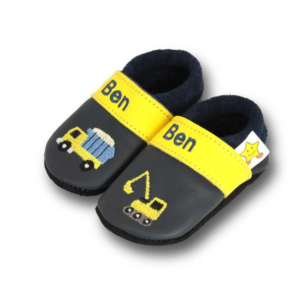 Krabbelschuhe Baustelle gelb-blau