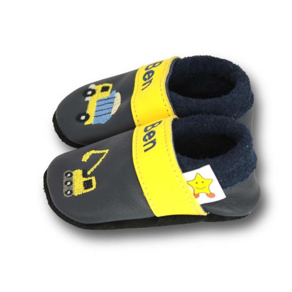 Krabbelschuhe Baustelle gelb-blau