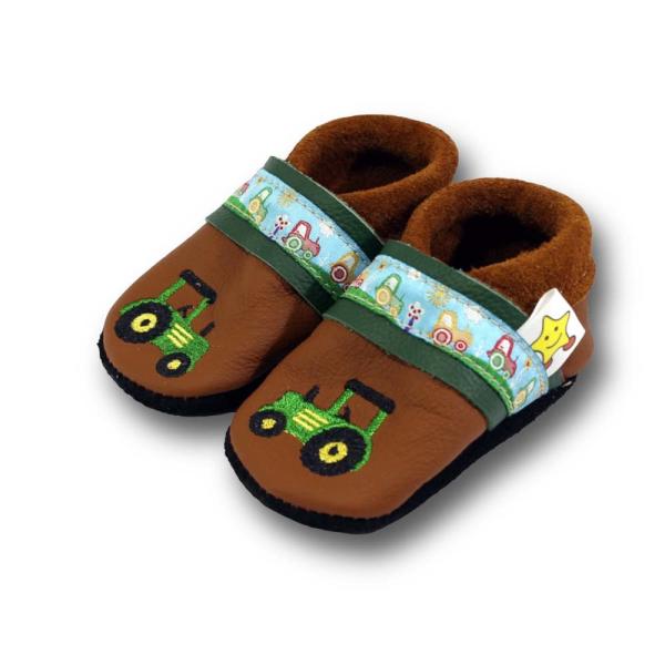 Krabbelschuhe grüne Trecker mit Webband