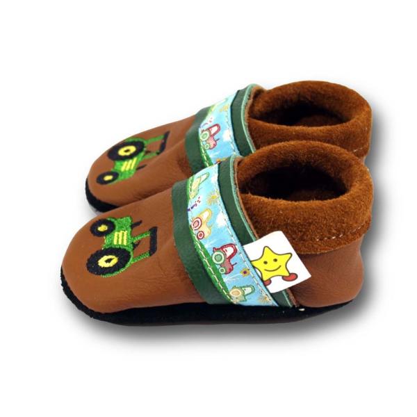 Krabbelschuhe grüne Trecker mit Webband