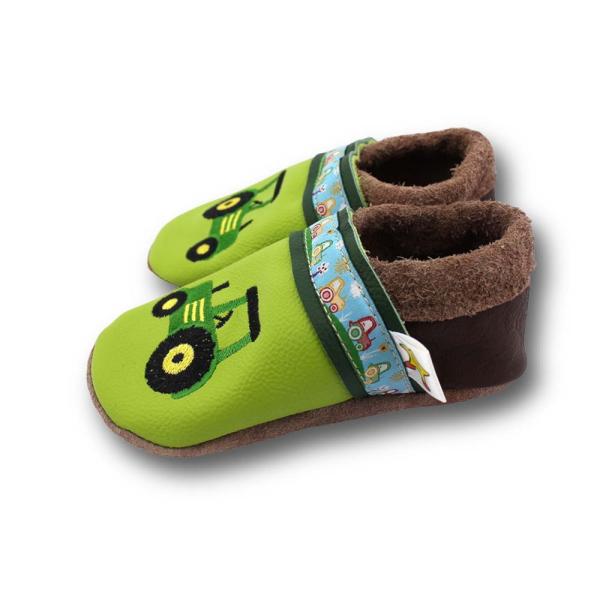 Krabbelschuhe grüne Trecker mit Webband