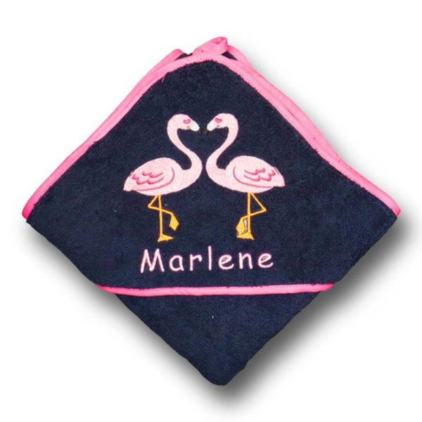 Kapuzenbadetuch Flamingo auf blau