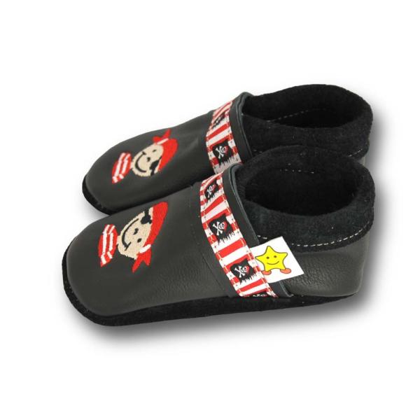 Lederpuschen Pirat schwarz mit Webband