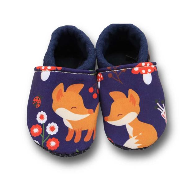 Vegane Krabbelpuschen Fuchs auf blau